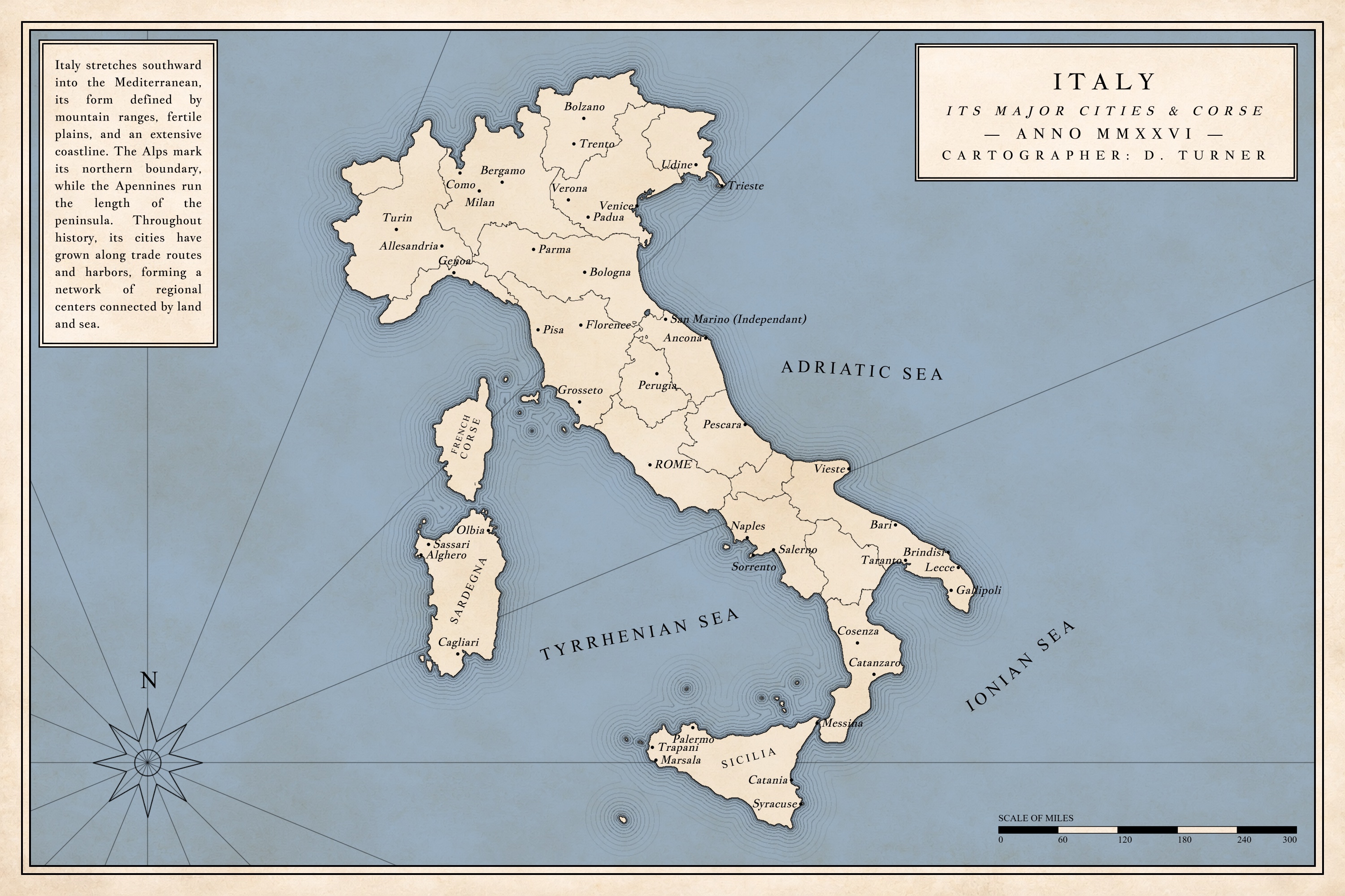 Antique-style Italy map created in Nova Terra