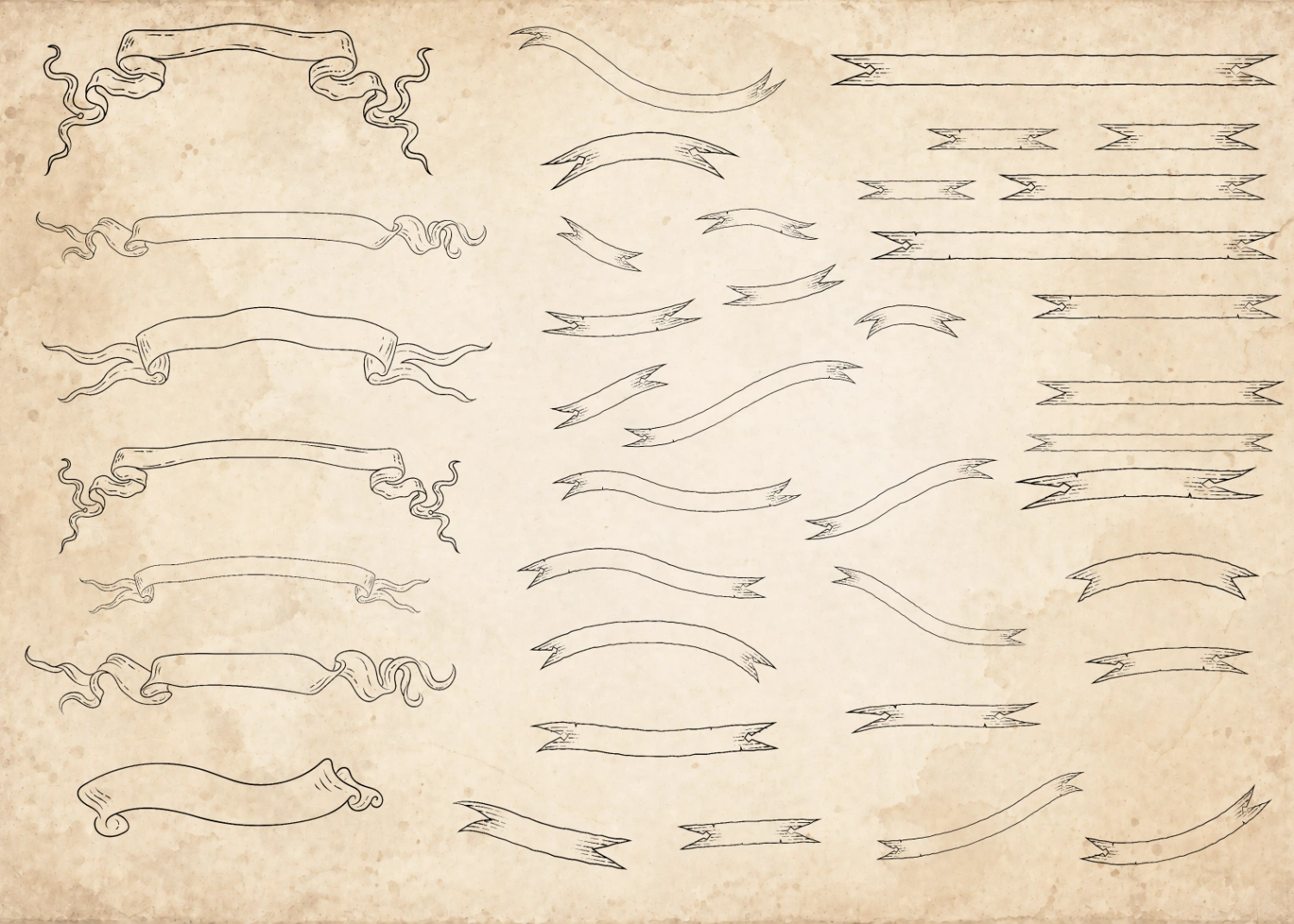Hand-drawn ribbon and banner variations for fantasy maps
