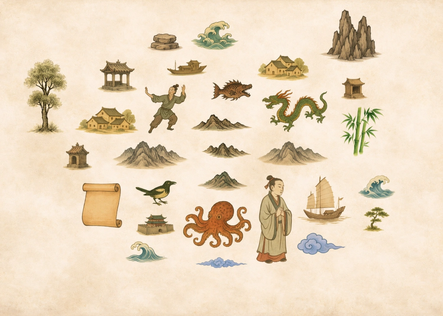 Chinese color map symbols including mountains, buildings, ships, figures, creatures, trees, and waves