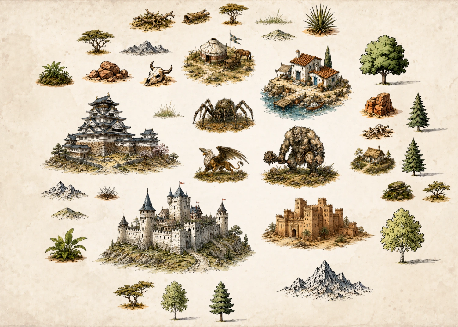Color fantasy map symbols including castles, mountains, trees, settlements, creatures, and terrain