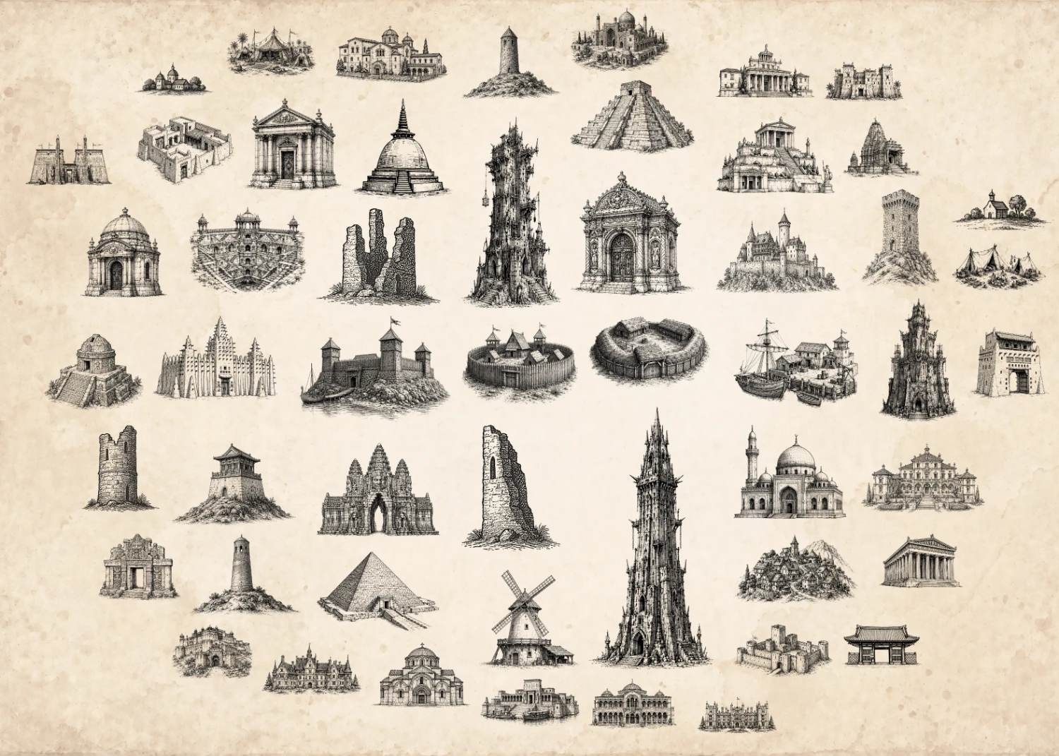 Etched fantasy map symbols including castles, temples, towers, ruins, ships, villages, and landmarks