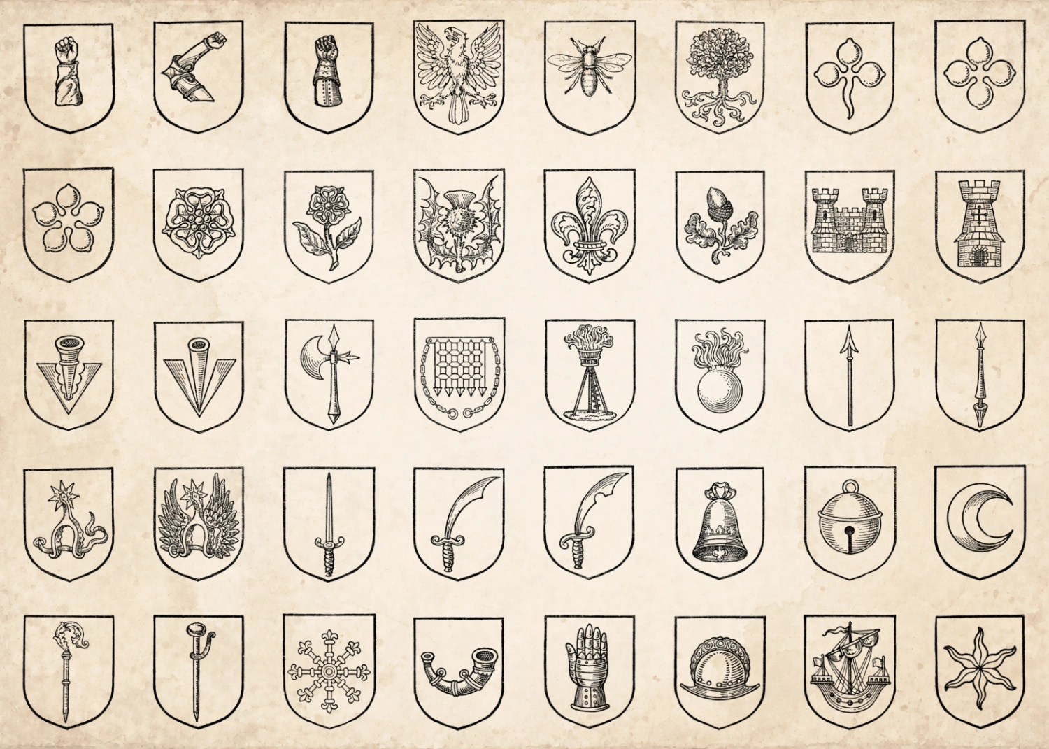 Heraldic shields bearing medieval symbols and devices