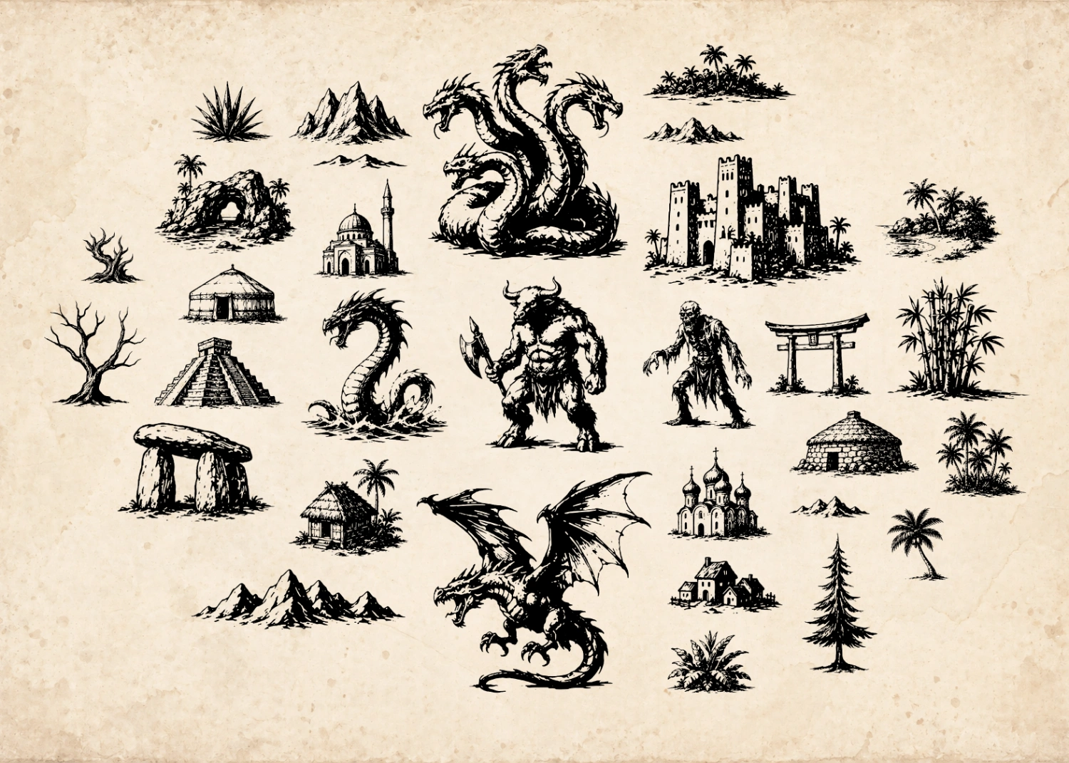High contrast fantasy map symbols including castles, creatures, mountains, trees, and landmarks