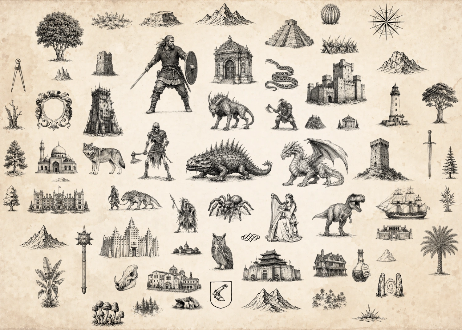 High-resolution fantasy map symbols including castles, people, creatures, ships, mountains, trees, and decorative elements
