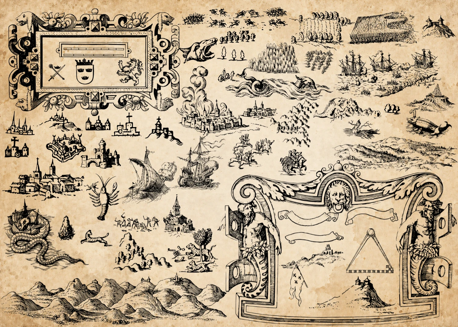 Vintage map symbols including cities, ships, mountains, creatures, heraldry, and decorative frames