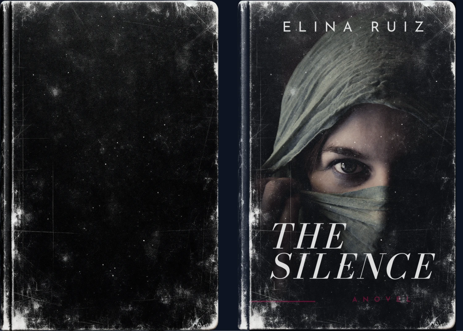 Dark book cover shown before and after applying an aged, scratched texture overlay